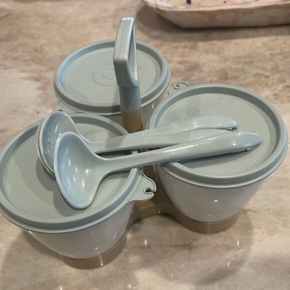 Vintage Tupperware Condiment Caddy Server with Lids and Spoons NEW blue & beige - Picture 1 of 11